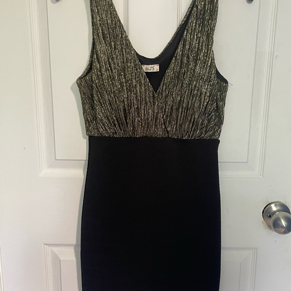 Gold and Black Pleated Sheath Cocktail Dress